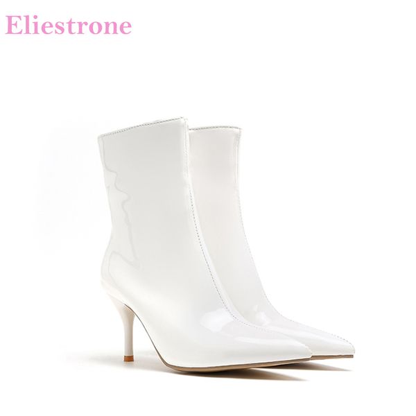 

2019 brand new glossy white red women mid calf boots glamour high stiletto heels lady nude shoes lm295 plus big size 10 43 45 47, Black