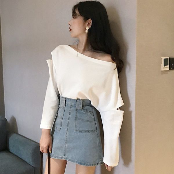 women t-shirt slash neck loose t korean style gothic aesthetic solid color tee shirt female y5, White
women t-shirt slash neck loose t korean style gothic aesthetic solid color tee shirt female y5, White