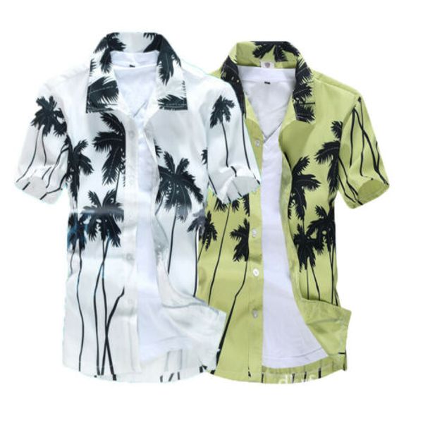 

men's 2019 summer hawaiian beach short sleeve print quick-drying shirt casual beach casual holiday fancy muscle man sunsuit, White;black