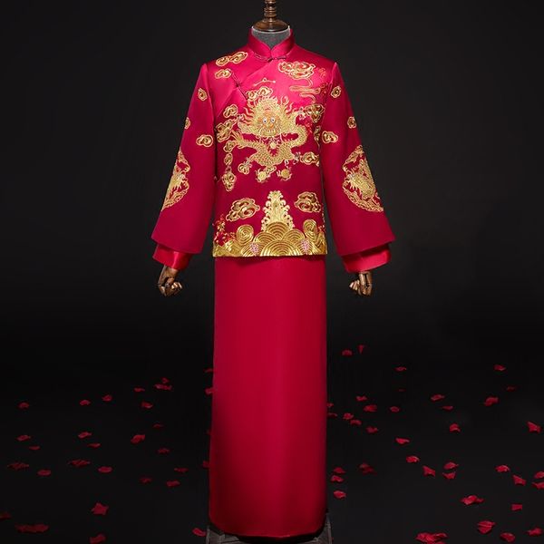 dragon embroidery men long robe gown satin qipao classic exquisite elegant wedding dress mandarin collar vintage button vestidos, Red
dragon embroidery men long robe gown satin qipao classic exquisite elegant wedding dress mandarin collar vintage button vestidos, Red