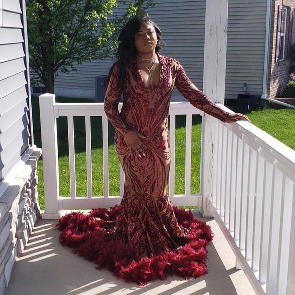 burgundy mermaid feather prom dresses deep v neck lace long sleeves evening gowns plus size sweep train formal dress, Black
burgundy mermaid feather prom dresses deep v neck lace long sleeves evening gowns plus size sweep train formal dress, Black