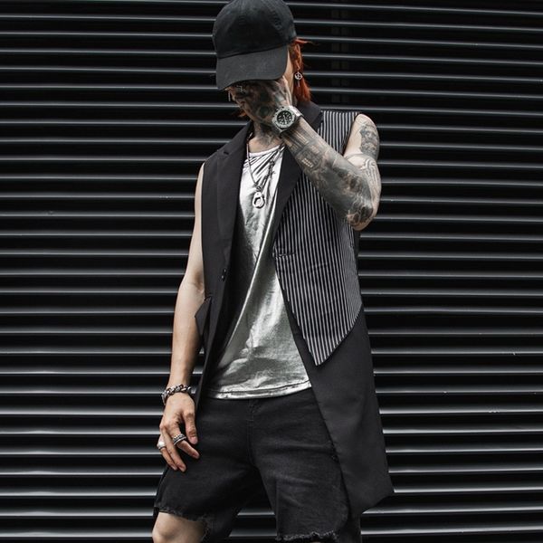 new fashion mens long suit vest patchwork striped sleeveless waistcoat blazer gilet homme personality slim fit club party jacket, Black;white
new fashion mens long suit vest patchwork striped sleeveless waistcoat blazer gilet homme personality slim fit club party jacket, Black;white