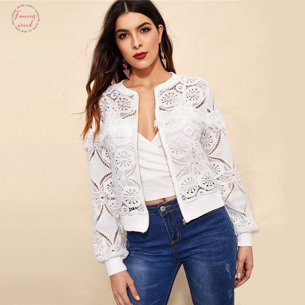 white elegant hollowed out lace jacket women 2019 back frayed edge detail jackets ladies fringe zip up lace solid outwear, Black;brown
white elegant hollowed out lace jacket women 2019 back frayed edge detail jackets ladies fringe zip up lace solid outwear, Black;brown