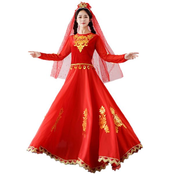 india sari style stage wear xinjiang ethnic clothing performances costume red uygur dance long dress, Black;red
india sari style stage wear xinjiang ethnic clothing performances costume red uygur dance long dress, Black;red