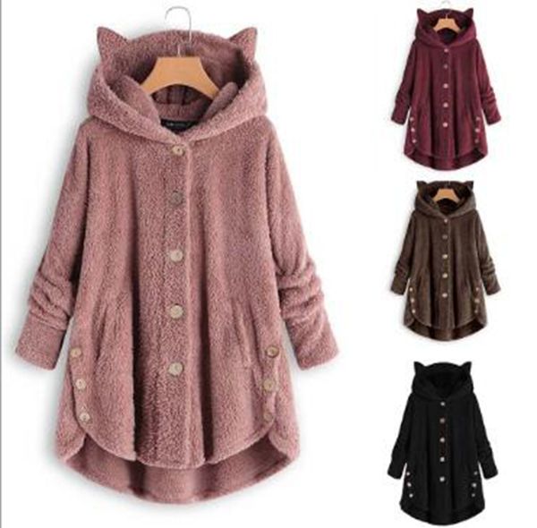 wholesale women's autumn and winter european and american buttons hooded cat ears plush blouse irregular solid color coat, Black
wholesale women's autumn and winter european and american buttons hooded cat ears plush blouse irregular solid color coat, Black