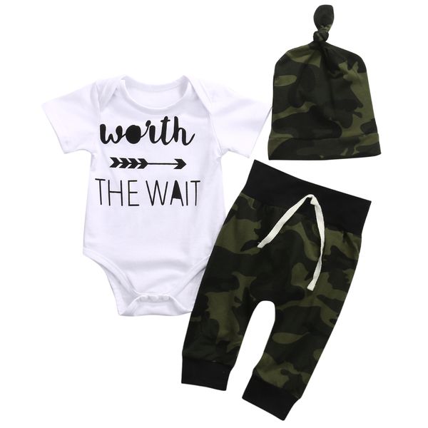 3 pieces worth the wait short sleeve bodysuit,camouflage pant with hat set for baby boy summer clothes outfit
3 pieces worth the wait short sleeve bodysuit,camouflage pant with hat set for baby boy summer clothes outfit