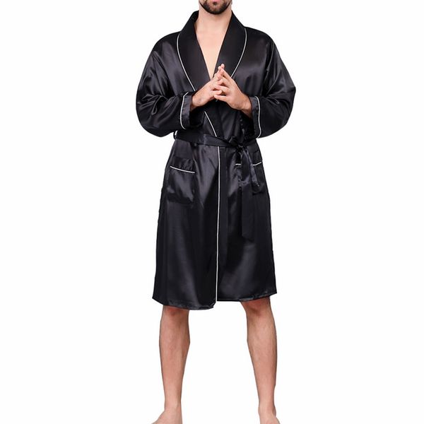 

men solid lounge sleepwear robe faux silk nightwear for men comfort silky bathrobes noble dressing gown men's sleep robes 2019, Black;brown