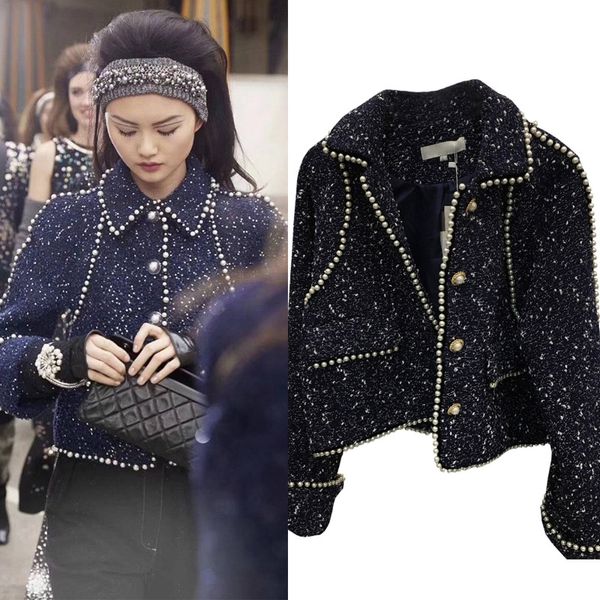 women's spring autumn 2019 small fragrance nail pearl coarse wool fabric pearl long sleeve short jacket patchwork single-breasted top, Black;brown
women's spring autumn 2019 small fragrance nail pearl coarse wool fabric pearl long sleeve short jacket patchwork single-breasted top, Black;brown