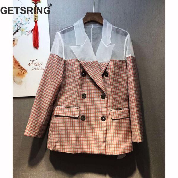 

getsring women blazer organza spliced plaid womens blazers long sleeve double breasted blazer women suit coat spring autumn 2019, White;black