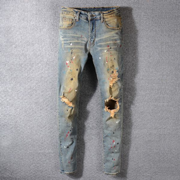 men jeans retro wash slim fit paint ripped denim jeans printed pants destroyed hip hop pants ripped moto #556, Blue
men jeans retro wash slim fit paint ripped denim jeans printed pants destroyed hip hop pants ripped moto #556, Blue