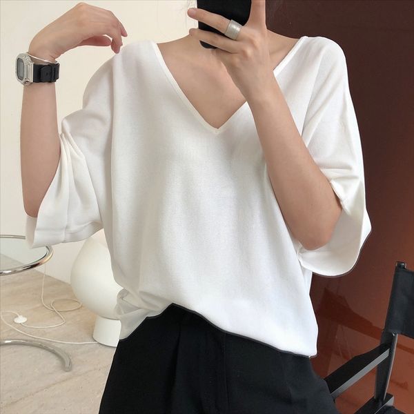 lazy temperament v-neck ice silk knitted short sleeve t-shirt loose slim versatile t-shirt solid color female, White
lazy temperament v-neck ice silk knitted short sleeve t-shirt loose slim versatile t-shirt solid color female, White