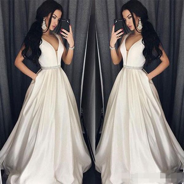 deep v neck a line prom dresses satin beaded sash sweep train sleeveless plus size custom made party gown formal evening wear, Black
deep v neck a line prom dresses satin beaded sash sweep train sleeveless plus size custom made party gown formal evening wear, Black