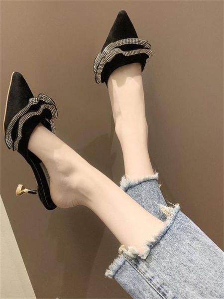 2020 new rhinestone pointed thin heel slippers female high heels ruffled baotou wear sandals and slippers, Black
2020 new rhinestone pointed thin heel slippers female high heels ruffled baotou wear sandals and slippers, Black