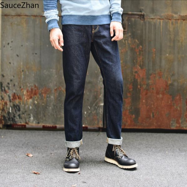 saucezhan 314xx zipper jeans men slimming pants tannin tide men's foot raw cow redline tannins black jeans men, Blue