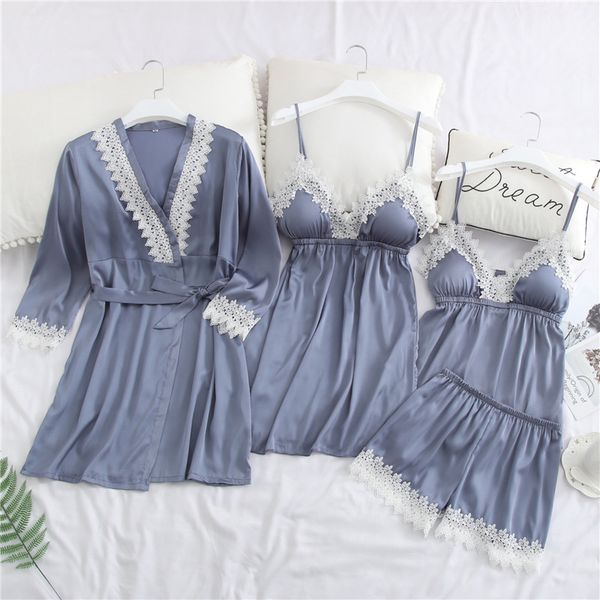 spring new satin women sleepwear babydoll lace lingerie 4pcs strap&robe&shorts nightwear casual female home clothing pajamas, Blue;gray
spring new satin women sleepwear babydoll lace lingerie 4pcs strap&robe&shorts nightwear casual female home clothing pajamas, Blue;gray