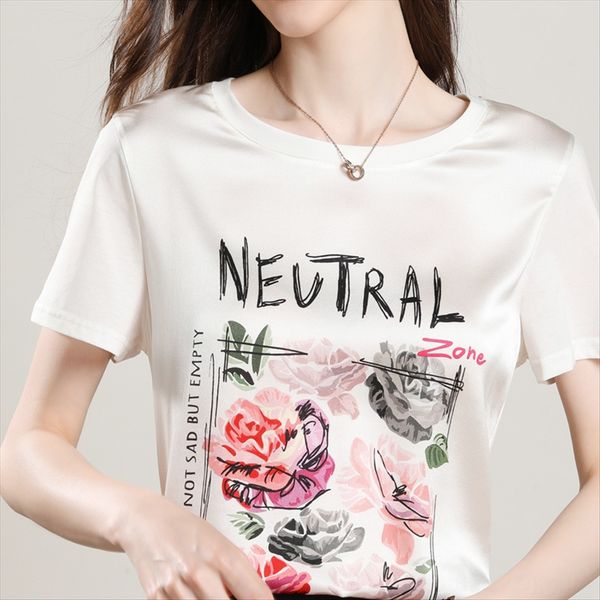 silk silk short-sleeved t-shirt female round collar t-shirt vest vest half sleeve printing, White
silk silk short-sleeved t-shirt female round collar t-shirt vest vest half sleeve printing, White