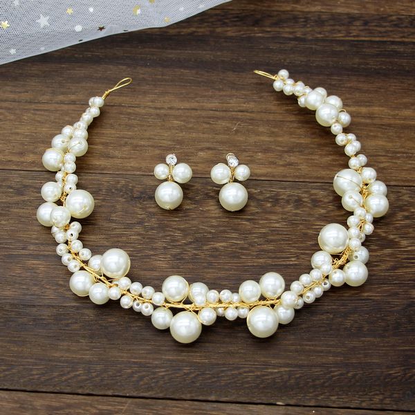 le liin bride gold pearl headband earrings sets handmade bead soft chain hairband hair accessories, Golden;white
le liin bride gold pearl headband earrings sets handmade bead soft chain hairband hair accessories, Golden;white