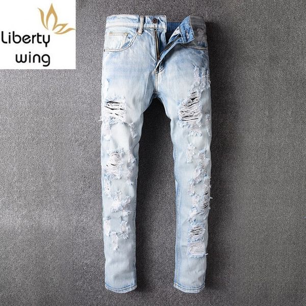 fashion new brand hole ripped jeans for men embroidery floral full length casual slim fit pant mens classical trousers, Blue
fashion new brand hole ripped jeans for men embroidery floral full length casual slim fit pant mens classical trousers, Blue