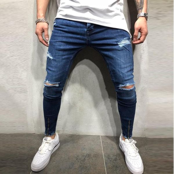 men jeans denim pencil pants zipper shredded dark blue casual fashion straight trousers, Black
men jeans denim pencil pants zipper shredded dark blue casual fashion straight trousers, Black