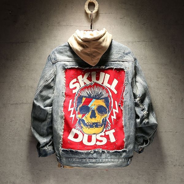 2 colours frayed rock vintage black blue denim jacket men punk hole streetwear ruched washed skull patchwork moto biker, Black;brown
2 colours frayed rock vintage black blue denim jacket men punk hole streetwear ruched washed skull patchwork moto biker, Black;brown