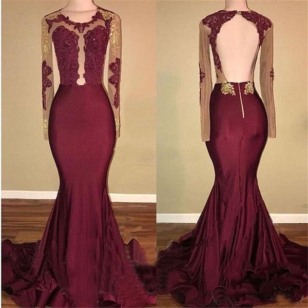 burgundy mermaid prom dresses sheer long sleeves appliques lace backless evening dress party for women court train, Black
burgundy mermaid prom dresses sheer long sleeves appliques lace backless evening dress party for women court train, Black