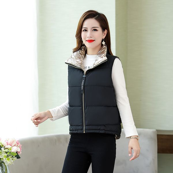 women metal color pure shiny collar winter vests 2019 new short vest cotton padded jacket sleeveless female hooded waistcoat, Black;white
women metal color pure shiny collar winter vests 2019 new short vest cotton padded jacket sleeveless female hooded waistcoat, Black;white