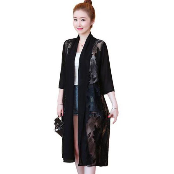 women's jackets fashion ladies lace patchwork chiffon jacket oversize 2021 women three quarter sleeve solid loose thin long open stitch, Black;brown
women's jackets fashion ladies lace patchwork chiffon jacket oversize 2021 women three quarter sleeve solid loose thin long open stitch, Black;brown