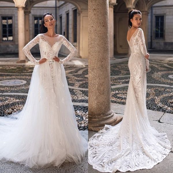 2020 idtorez mermaid wedding dresses with detachable train v neck long sleeve backless lace applique wedding gown sweep train robe de mariée, White 
2020 idtorez mermaid wedding dresses with detachable train v neck long sleeve backless lace applique wedding gown sweep train robe de mariée, White
