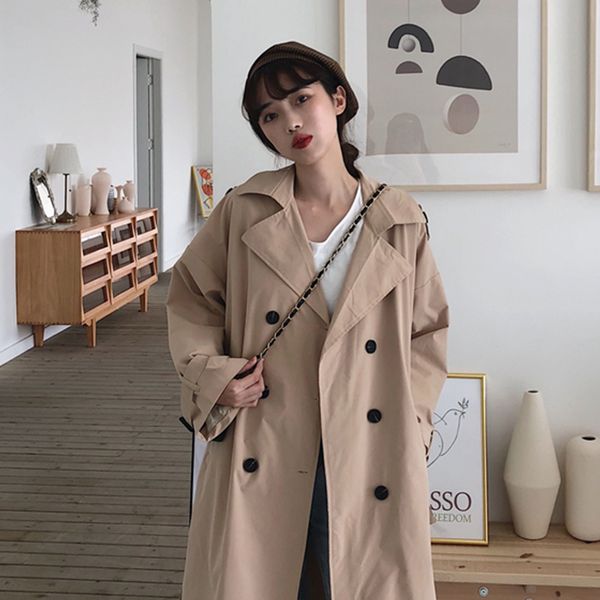 women's long trench coat turn-down collar double breasted overcoat solid long sleeve windbreaker korean women's autumn coat, Tan;black
women's long trench coat turn-down collar double breasted overcoat solid long sleeve windbreaker korean women's autumn coat, Tan;black