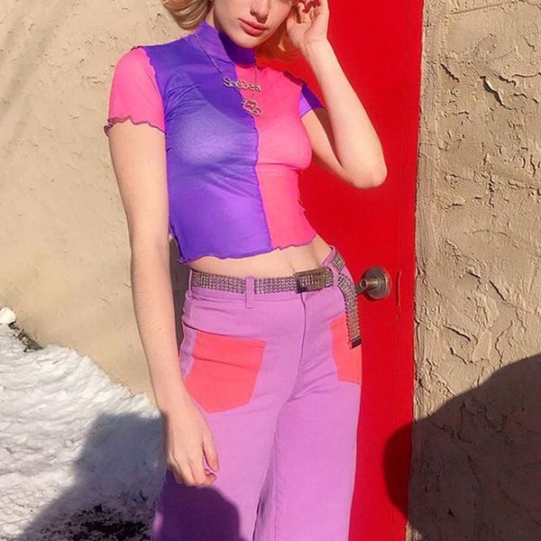 women summer transparent mesh t-shirt purple pink color block patchwork turtleneck crop ruffles hem party festival stre, Gray;blue
women summer transparent mesh t-shirt purple pink color block patchwork turtleneck crop ruffles hem party festival stre, Gray;blue