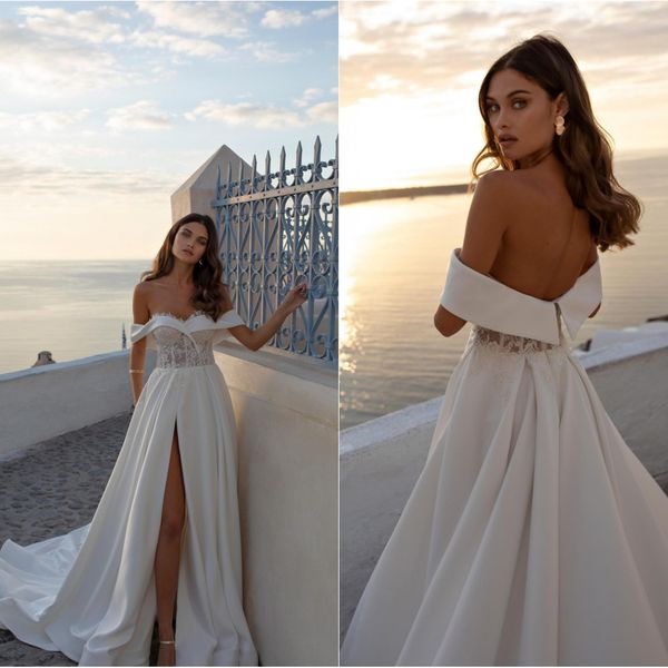 2020 satin wedding dresses off shoulder high side split appliques beads bridal gowns backless sweep train a line wedding dress, White
2020 satin wedding dresses off shoulder high side split appliques beads bridal gowns backless sweep train a line wedding dress, White