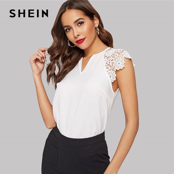 

shein notched neck guipure lace cap sleeve blouse summer v neck solid raglan sleeve casual womens and blouses, White
