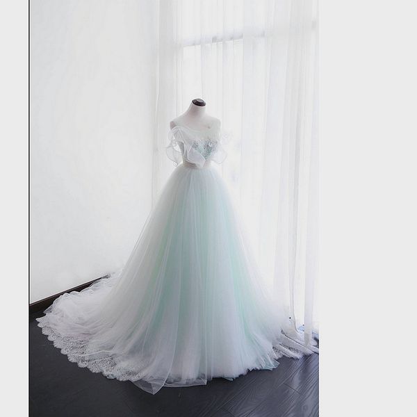 sheer neck a lline wedding dresses with pearls beading lace applique affordable wedding dresses with sweep train tulle boho wedding dress, White 
sheer neck a lline wedding dresses with pearls beading lace applique affordable wedding dresses with sweep train tulle boho wedding dress, White