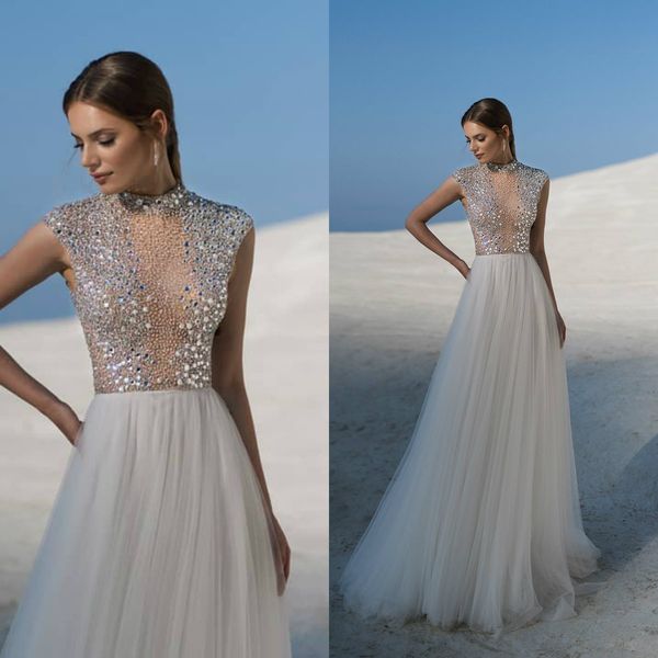 2020 shrakling a-line wedding dresses high collar sleeveless crystal beaded sweep train bridal dress tulle custom made robes de mariée, White
2020 shrakling a-line wedding dresses high collar sleeveless crystal beaded sweep train bridal dress tulle custom made robes de mariée, White