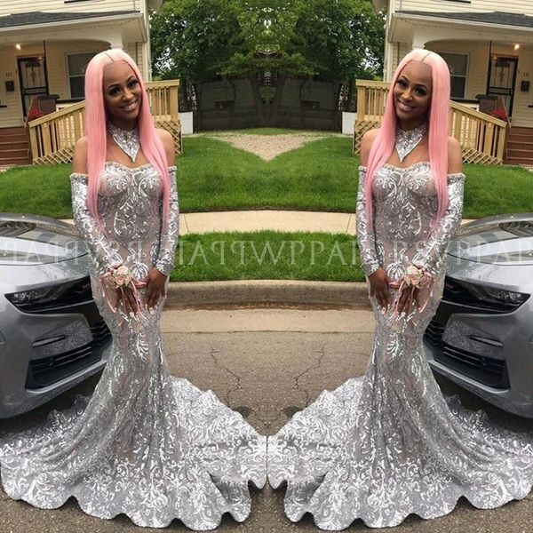 2020 african new off shoulders silver prom reflective dresses long sleeved glitter custom made evening gowns
2020 african new off shoulders silver prom reflective dresses long sleeved glitter custom made evening gowns
