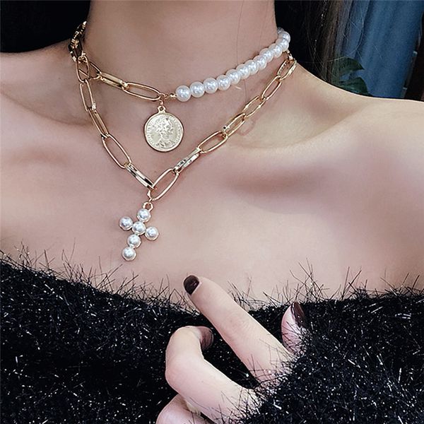 luxury simulated pearl short choker necklaces gold color cross multilayer chain portrait pendant necklace for women fashion, Silver
luxury simulated pearl short choker necklaces gold color cross multilayer chain portrait pendant necklace for women fashion, Silver