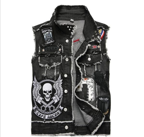 Applique Skull Men Punk Style Hip Hop Denim Vests With Rivets Fashion Hi Street Ripped Jean Waistcoat Sleeveless Jackets
Applique Skull Men Punk Style Hip Hop Denim Vests With Rivets Fashion Hi Street Ripped Jean Waistcoat Sleeveless Jackets