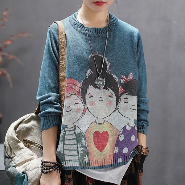 autumn winter sweater retro women knitting loose pullovers 2019 new female long-sleeved print character vintage sweater, White;black
autumn winter sweater retro women knitting loose pullovers 2019 new female long-sleeved print character vintage sweater, White;black