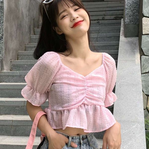women's v-neck blouse summer fashion square collar casual solid color short sleeve exposed navel short shirts, White
women's v-neck blouse summer fashion square collar casual solid color short sleeve exposed navel short shirts, White