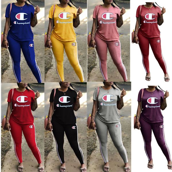 

Women champion letter track uit hort leeve t hirt top pant legging 2 piece et ummer t hirt outfit port wear uit clothe b3293