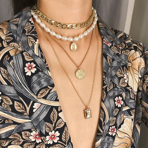 new fashion gold color multilayer metal chains pearl choker necklaces geometric resin pendants necklaces for women party gift, Silver
new fashion gold color multilayer metal chains pearl choker necklaces geometric resin pendants necklaces for women party gift, Silver