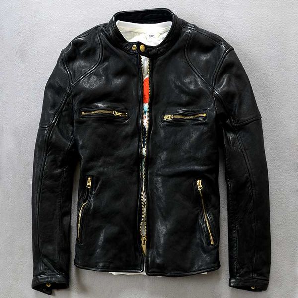 men's leather & faux tanned vegetable sheep thickening jacket slim stand collar short motorcycle coat, Black
men's leather & faux tanned vegetable sheep thickening jacket slim stand collar short motorcycle coat, Black