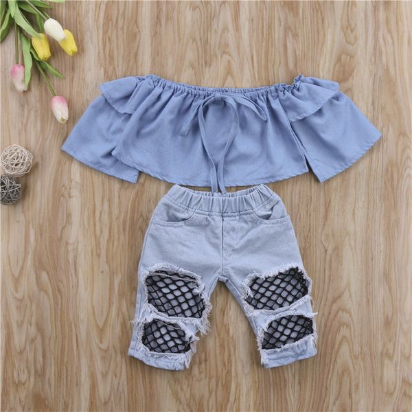 baby girls clothing set blue cotton off shoulder + denim pants trousers 6m-4y infant toddler kids children casual outfit, White
baby girls clothing set blue cotton off shoulder + denim pants trousers 6m-4y infant toddler kids children casual outfit, White