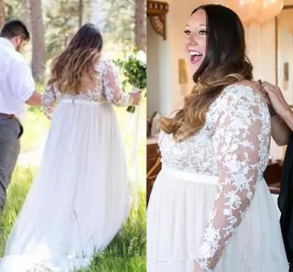 Plus Size Country Wedding Dresses with Long Sleeve Modest Lace Tulle Sheer Back Outdoor Bohemian Beach Bridal Dress Cheap
Plus Size Country Wedding Dresses with Long Sleeve Modest Lace Tulle Sheer Back Outdoor Bohemian Beach Bridal Dress Cheap