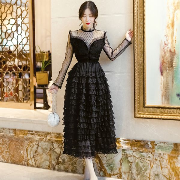 women's black lace ball gown long dress 2019 long sleeve see though mesh tunic lace cake dress celetrity party vestid, Black;gray
women's black lace ball gown long dress 2019 long sleeve see though mesh tunic lace cake dress celetrity party vestid, Black;gray