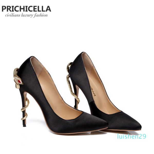 prichicella satin gold mental snake heel dress shoe unique genuine leather pointed toe high heeled pumps l29, Black
prichicella satin gold mental snake heel dress shoe unique genuine leather pointed toe high heeled pumps l29, Black