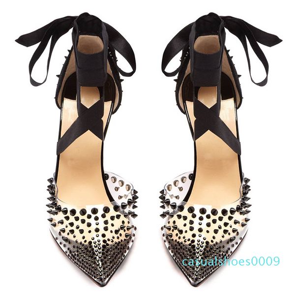red bottom high heels women pointed toe pvc rivets mechante reine ankle wrap around ribbons pump studded covered heel wedding party 09c, Black
red bottom high heels women pointed toe pvc rivets mechante reine ankle wrap around ribbons pump studded covered heel wedding party 09c, Black