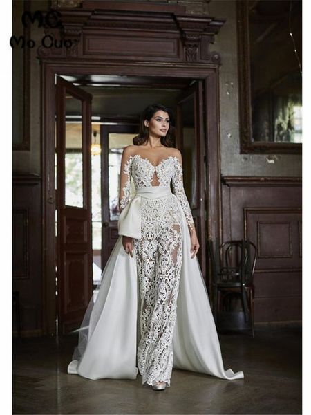 2020 new lace wedding bridal jumpsuit dresses sheer long sleeves appliques floor length bridal gowns vestido de festa with over skirts, White
2020 new lace wedding bridal jumpsuit dresses sheer long sleeves appliques floor length bridal gowns vestido de festa with over skirts, White