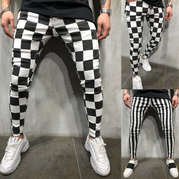 men's summer fashion slim comfortable striped plaid black white casual pants hot