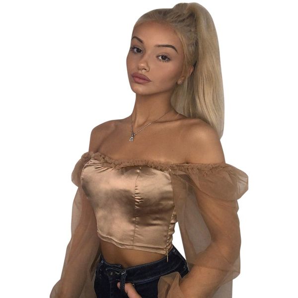 women shirt satin stitching mesh perspective self-cultivation shirt belly button lantern sleeve, White
women shirt satin stitching mesh perspective self-cultivation shirt belly button lantern sleeve, White